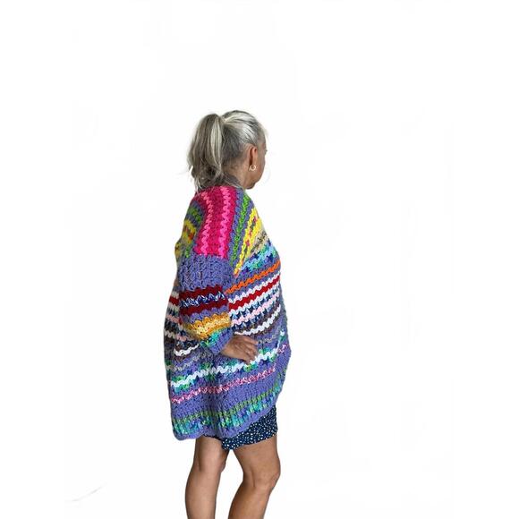 Vintage Multicolor, Cottage core Handmade Crochet Knit  chunky Cardigan Bohemian - Picture 8 of 9